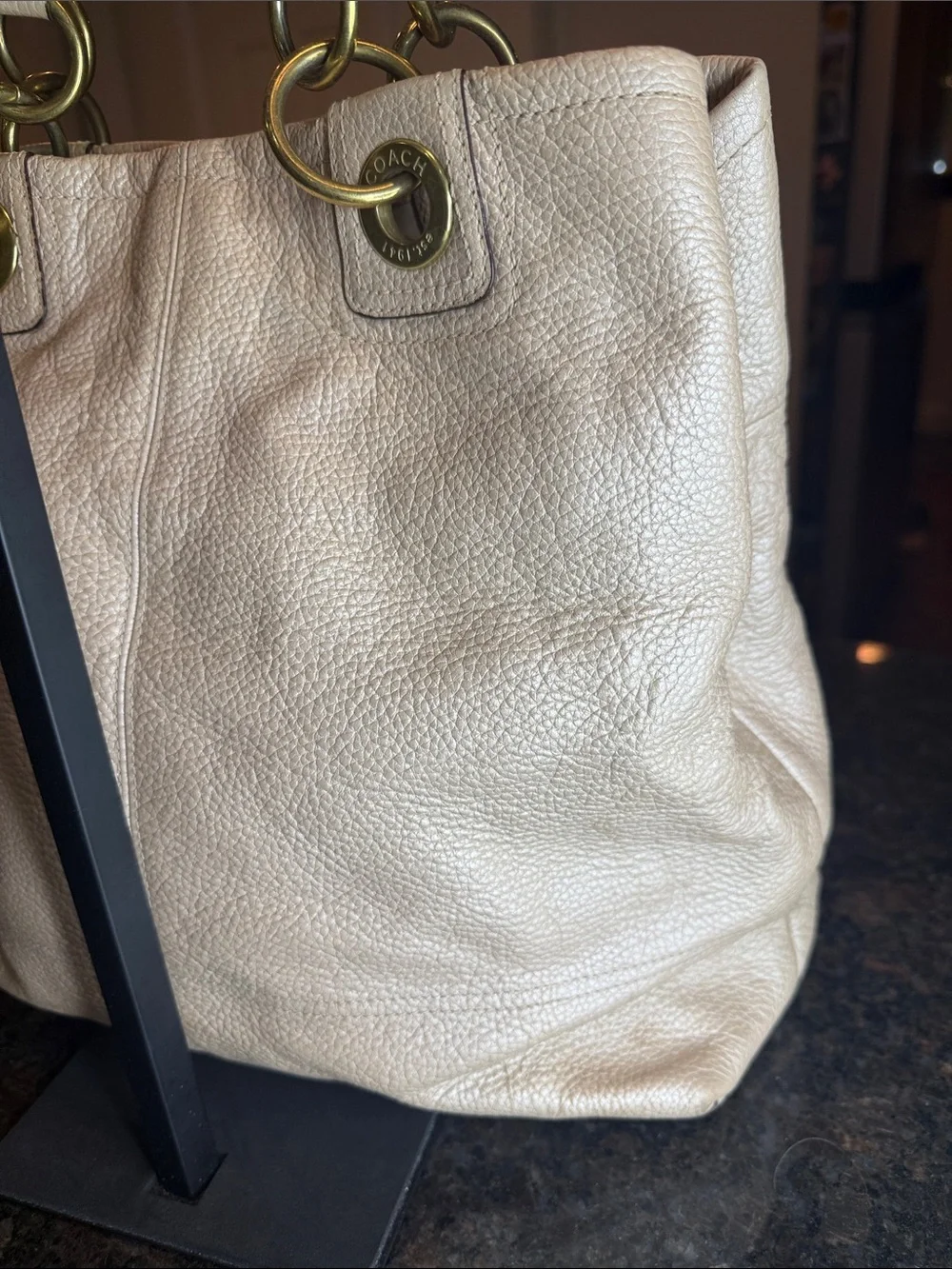 Coach Penelope Champagne Metallic Leather Shoulder Tote with Gold Hardware